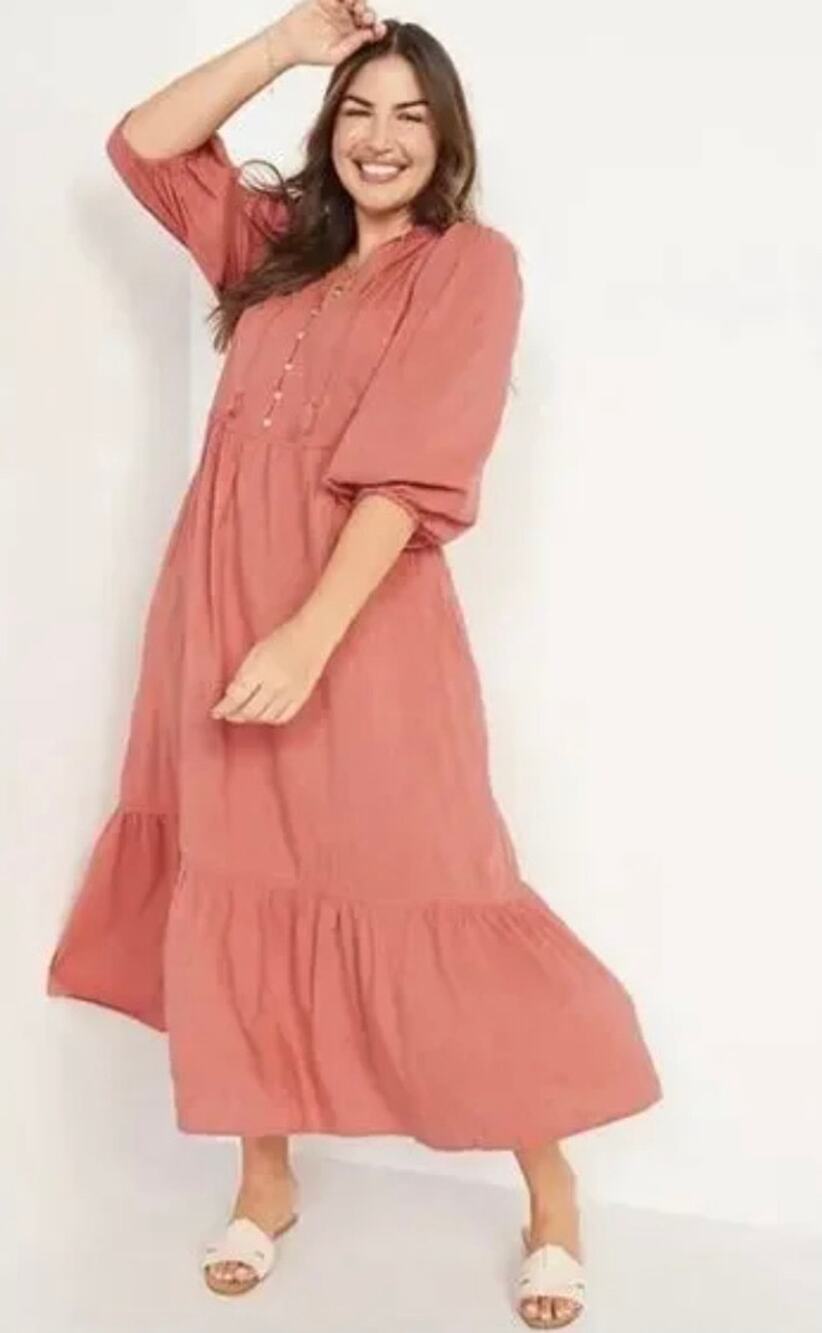 Old Navy Dress Womens XL Tall Coral Maxi Embroidered Boho Peasant Cottagecore